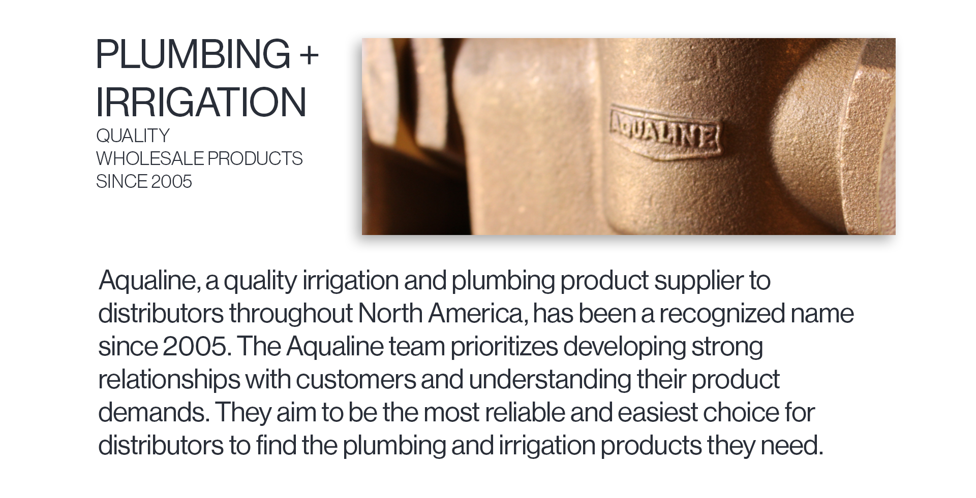 Aqualine, a quality irrigation and plumbing product supplier to distributors throughout North America, has been a recognized name since 2005. The Aqualine team prioritizes developing strong relationships with customers and understanding their product demands. They aim to be the most reliable and easiest choice for distributors to find the plumbing and irrigation products they need.